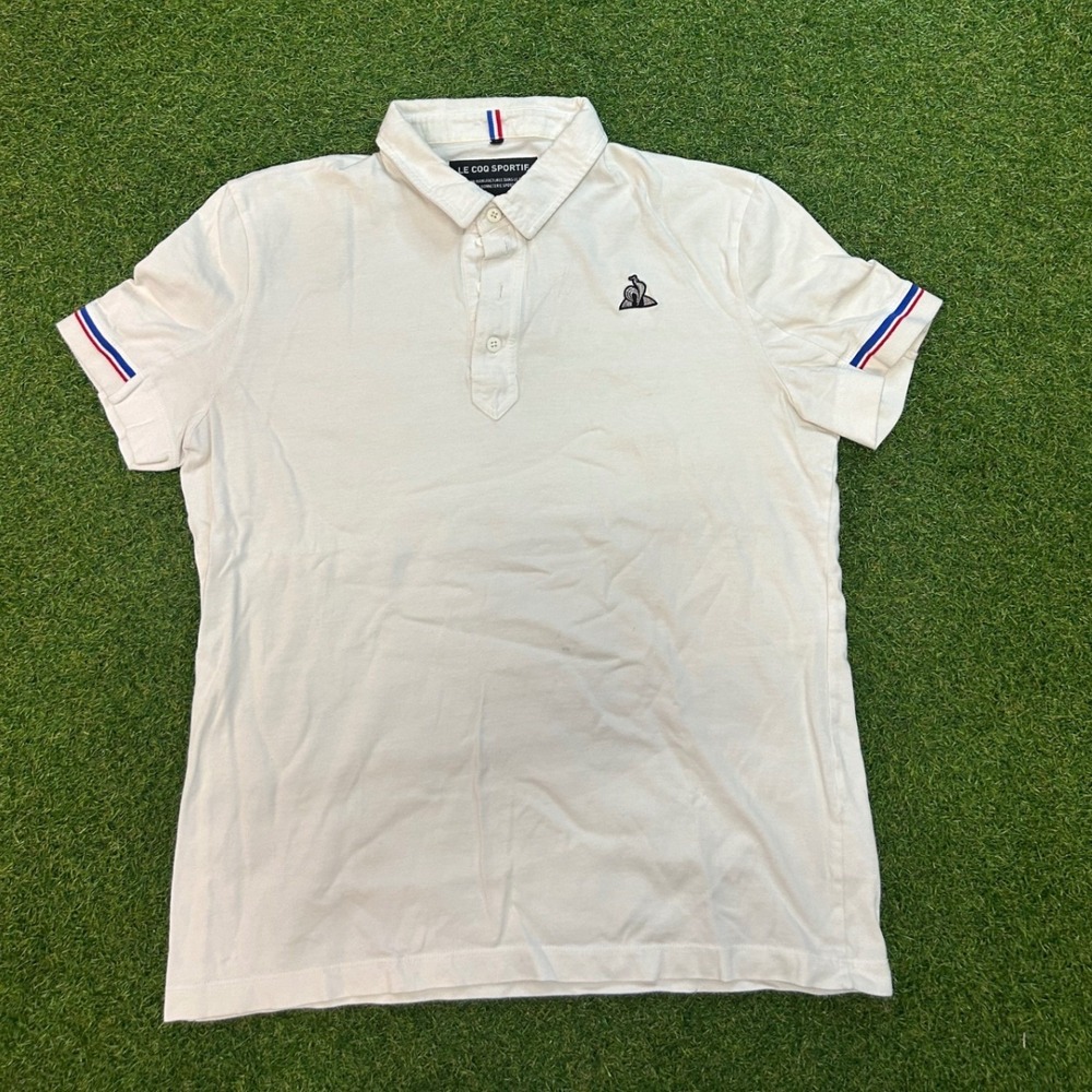 Le Coq Sportif Tech Mens White Short Sleeve Polo Shirt Size L Tricolor Trim